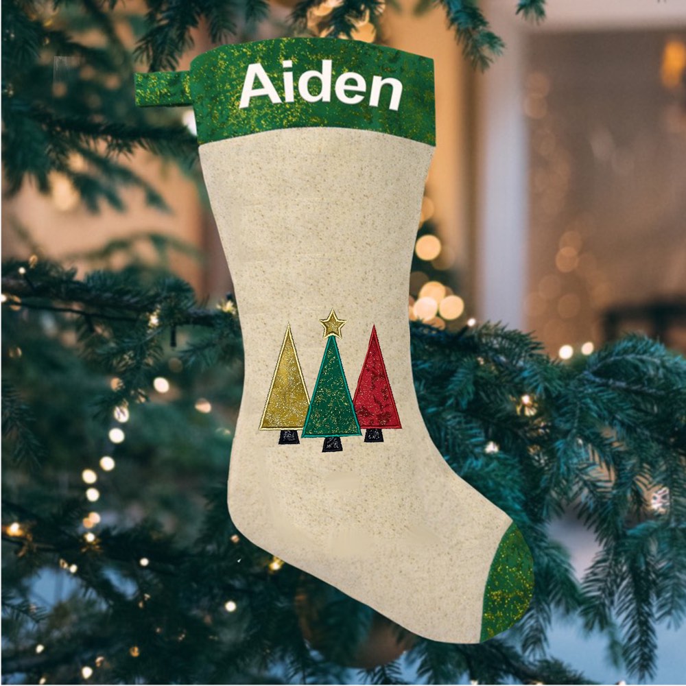 Christmas Gift, Personalised Santa Stocking with red glitter Christmas Tree
