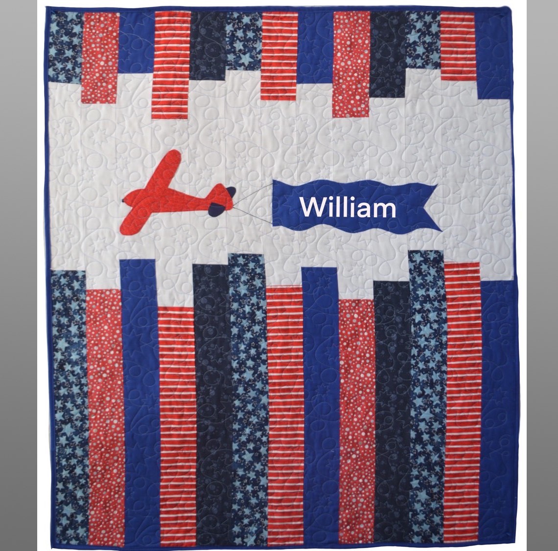 Blue Aeroplane Strip Baby Quilt, Personalised Handmade Quilt, Aeroplane Quilt, Patchwork, Baby Gift