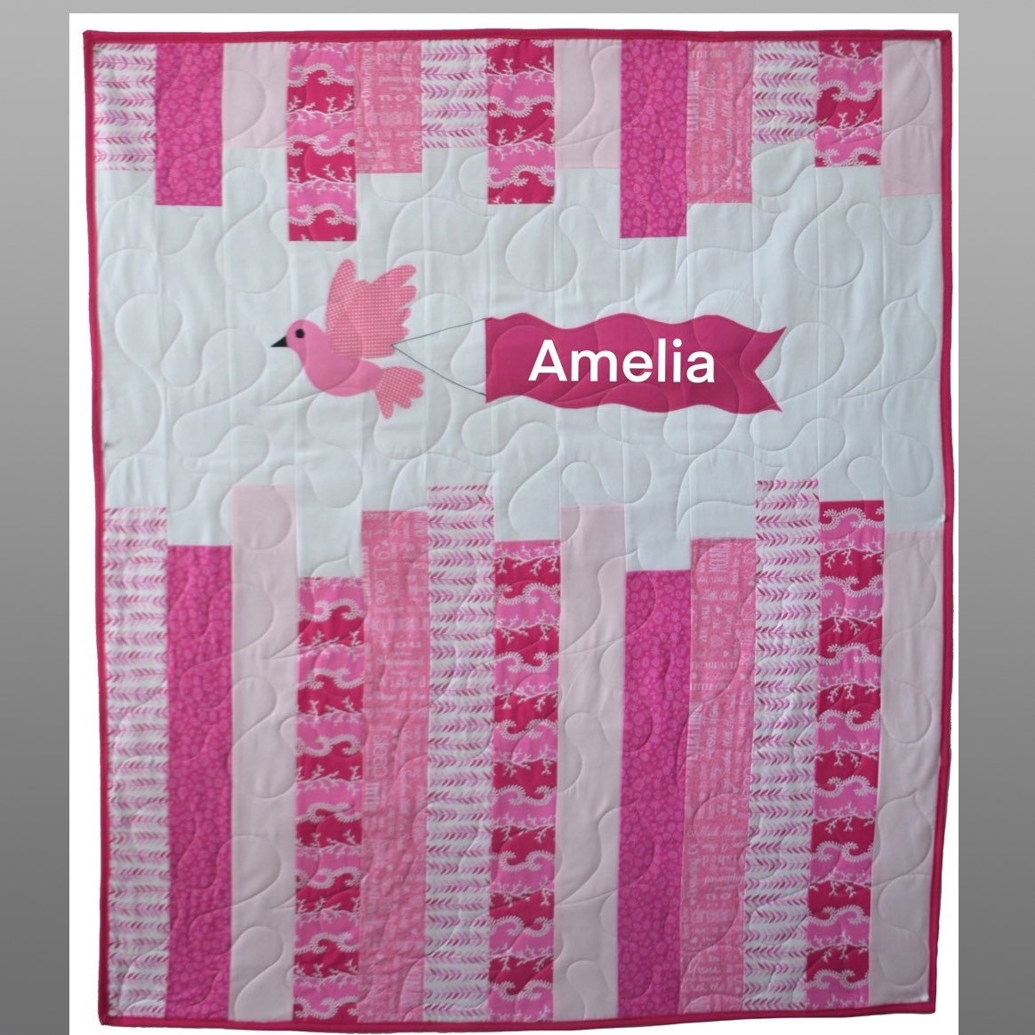 Pink Bird Strip Baby Quilt, Personalised Handmade Quilt, Bird Quilt, Patchwork, Baby Gift