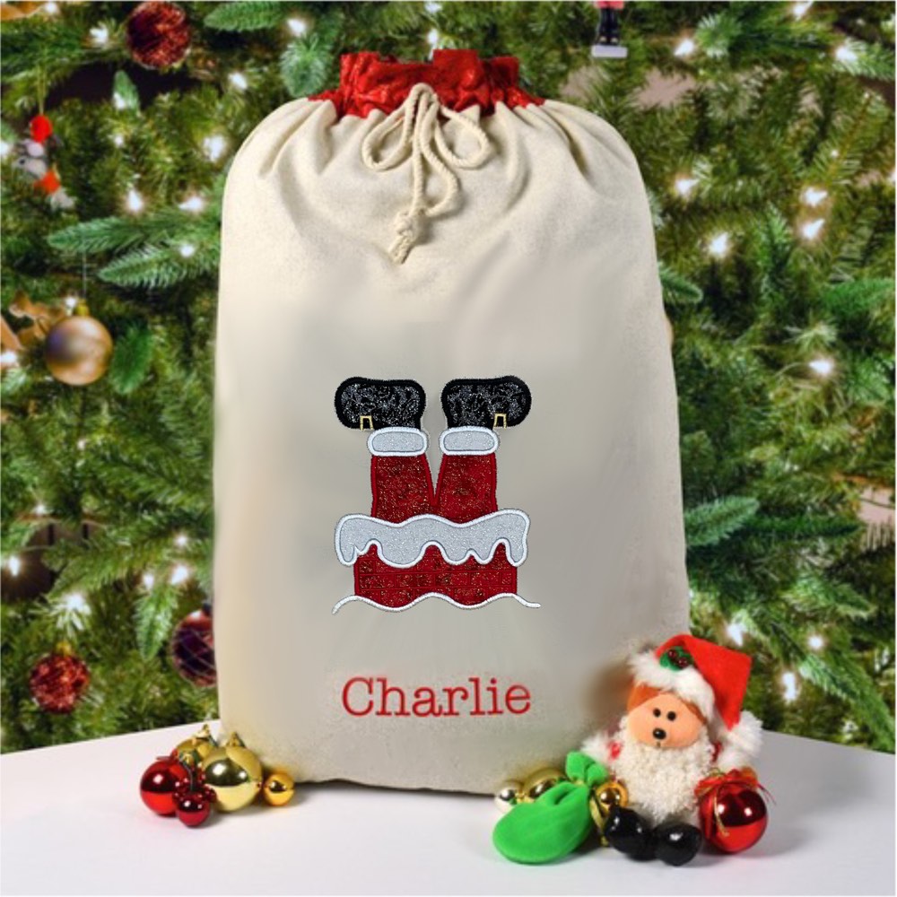 Christmas Gift, Personalised Santa Sack with Santa Delivering Gifts on His Bike