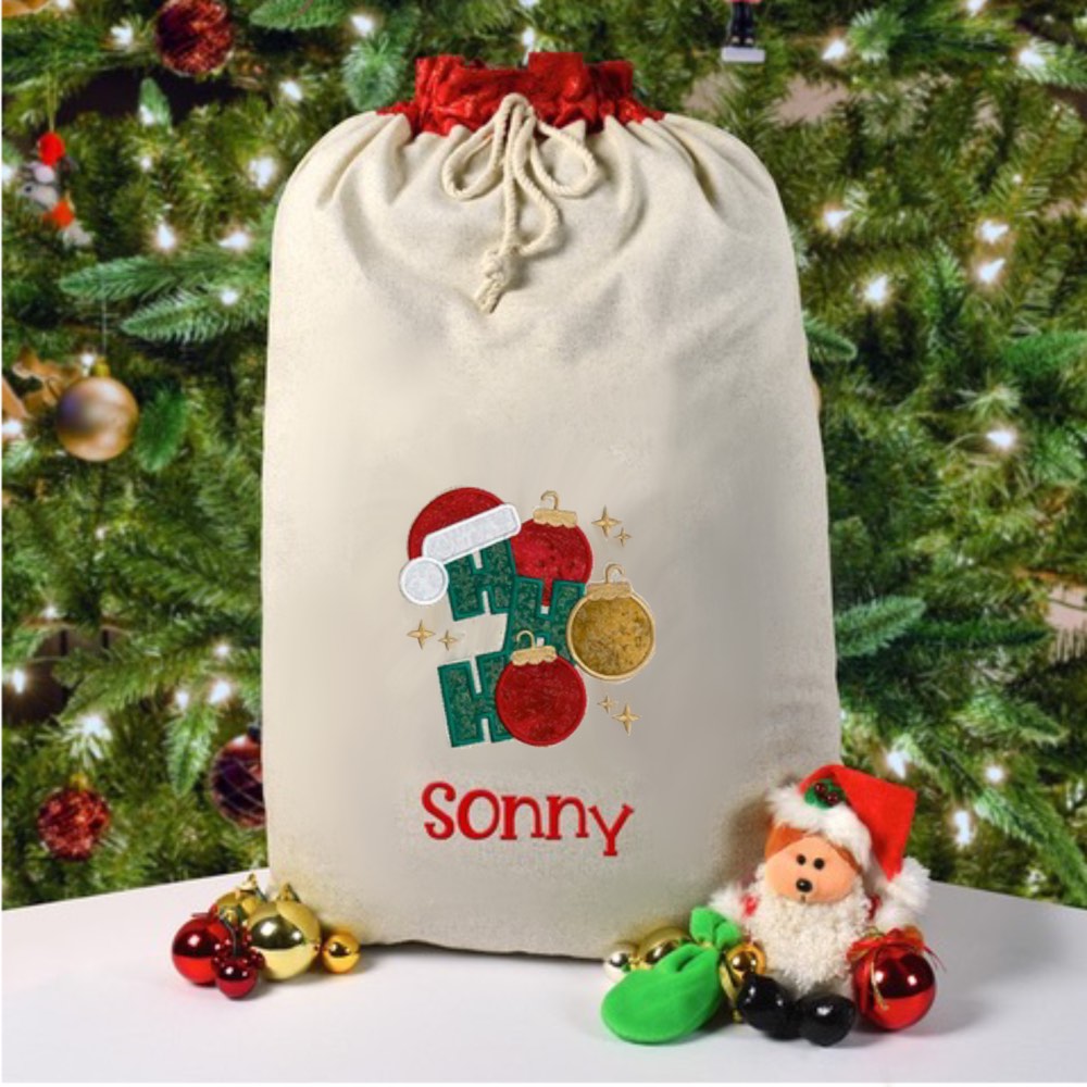 Christmas Gift, Personalised Santa Sack with Red Glitter Christmas Tree