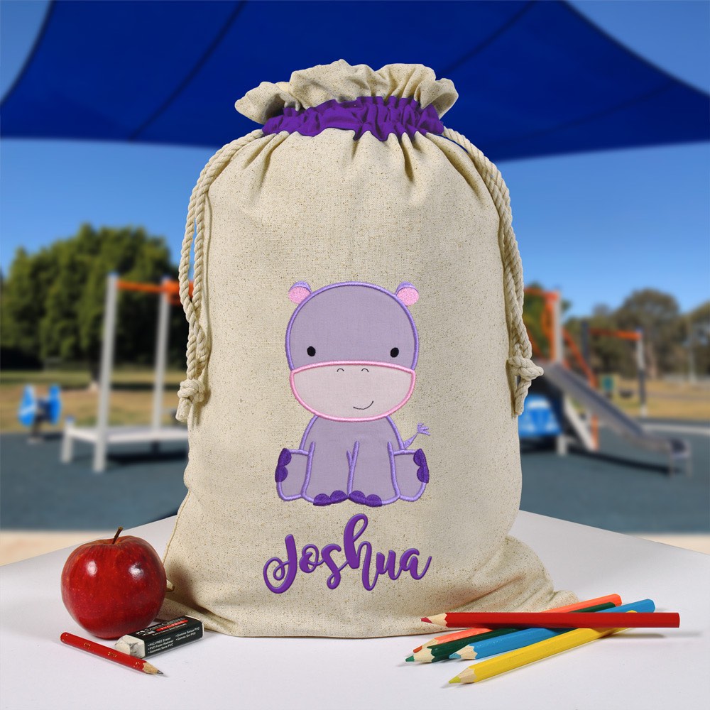 Personalised Library Bag, Hippopotamus, Hippo Library Bag, Book Bag, Tote Bag, Pre School, Kindergarten and School