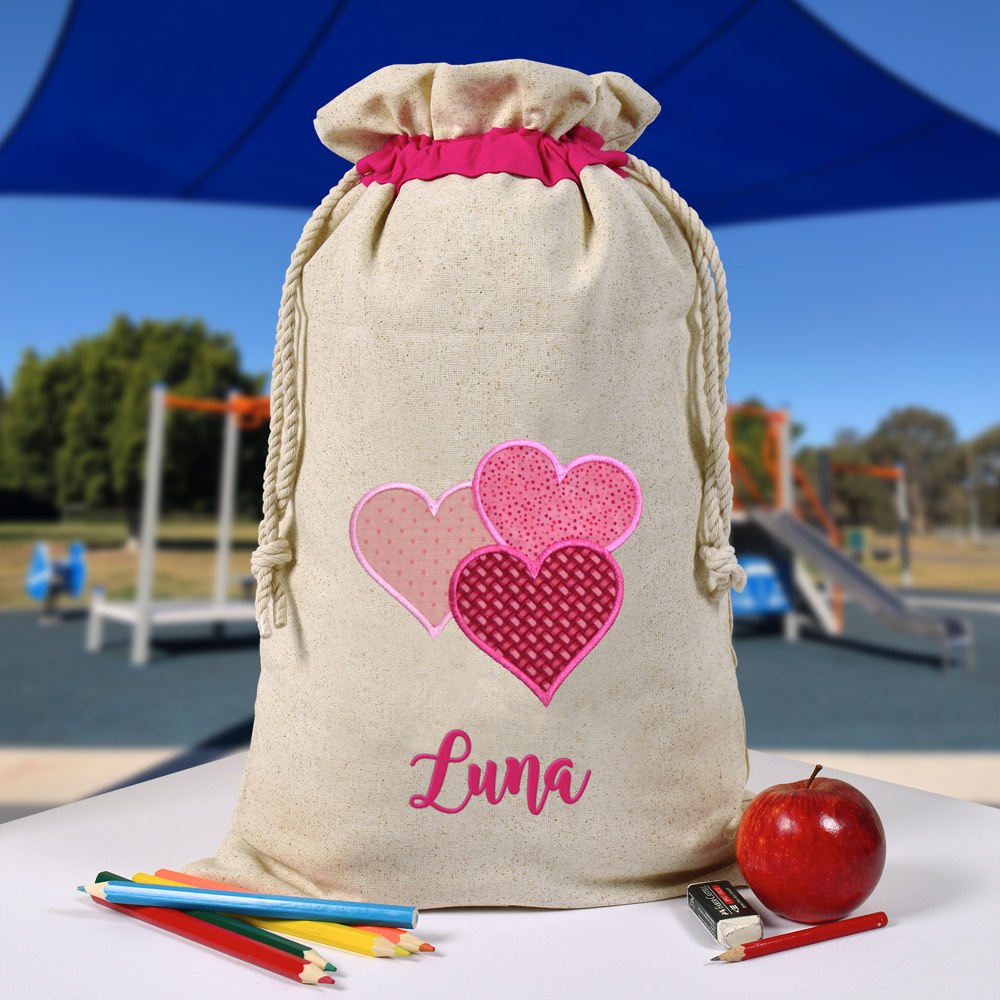Personalised Library Bag, Hearts, Love Library Bag, Book Bag, Tote Bag, Pre School, Kindergarten and School