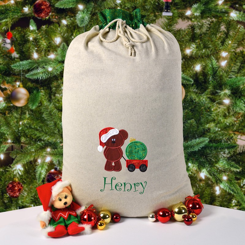 Christmas Gift, Personalised Santa Sack with Green Glitter Christmas Tree