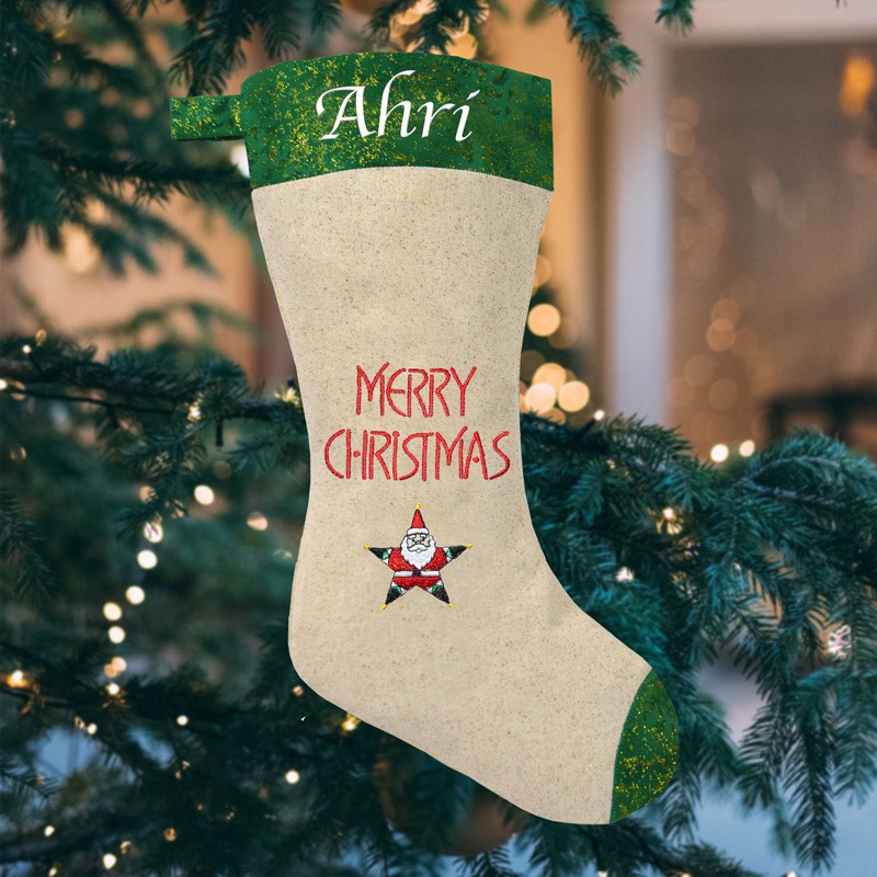 Christmas Gift, Personalised Santa Stocking with Santa Star and Merry Christmas