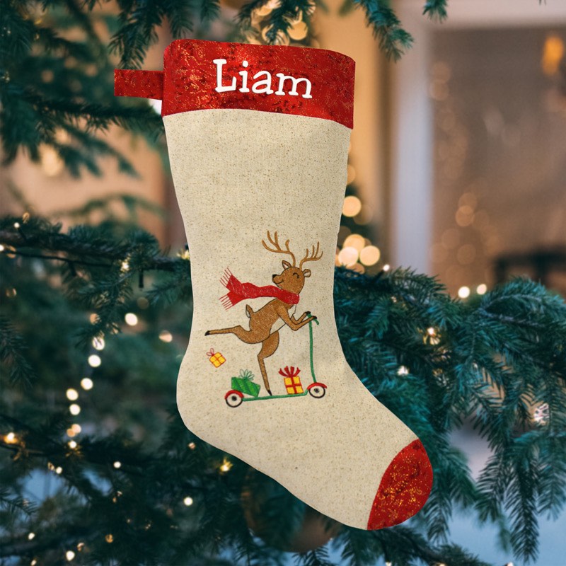 Christmas Gift, Personalised Santa Stocking with red glitter Christmas Tree