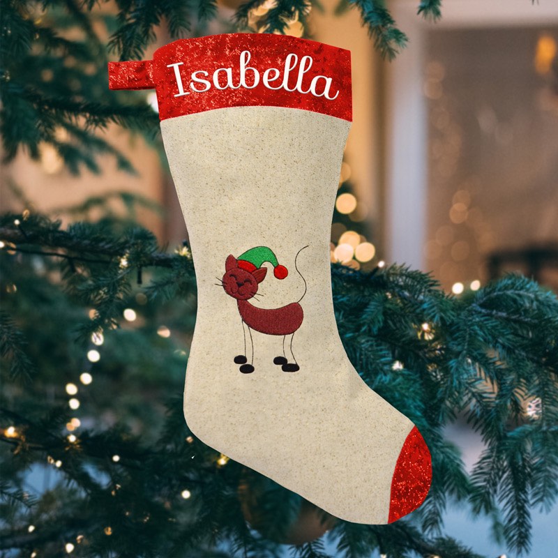 Christmas Gift, Personalised Santa Stocking with Christmas Cat